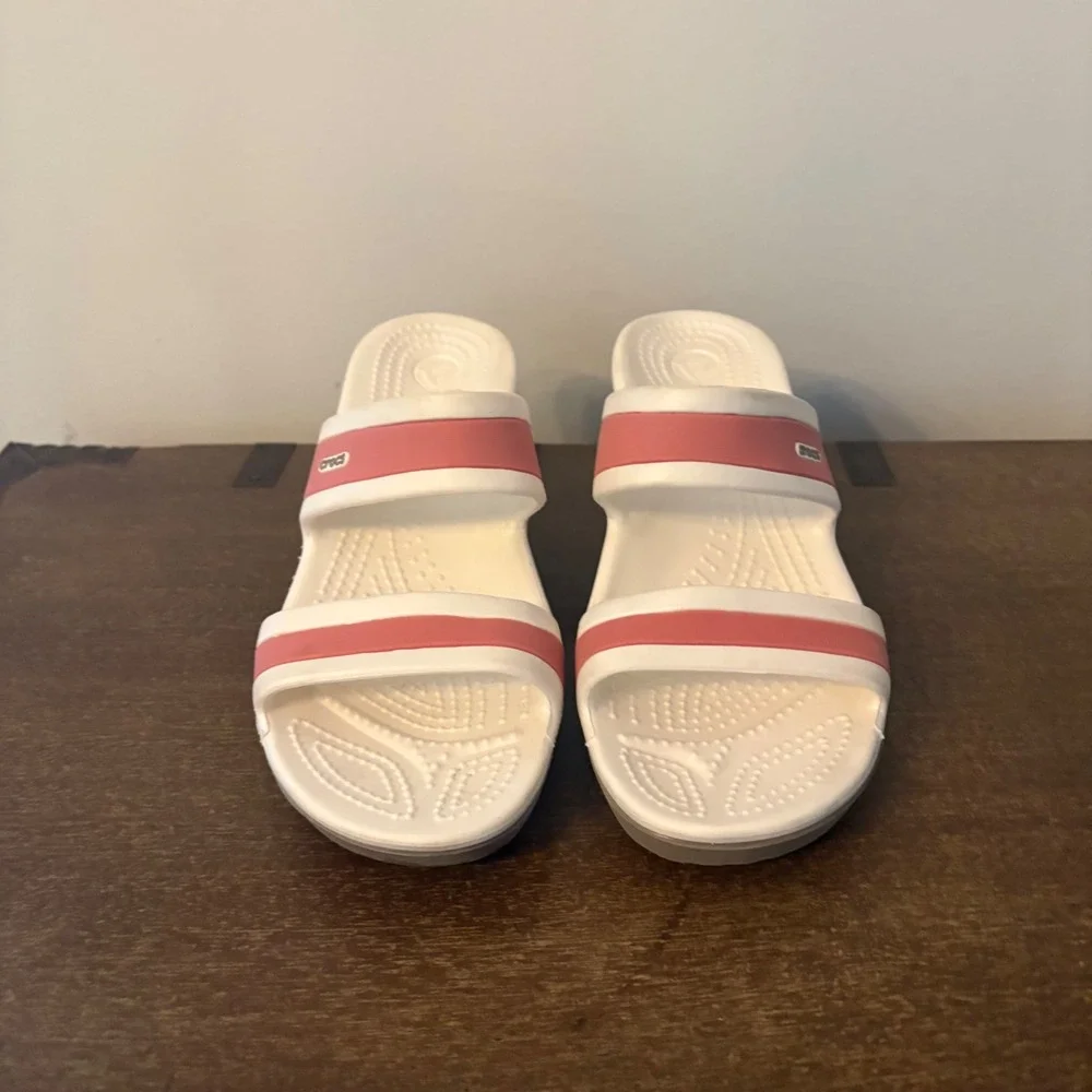 Crocs Women Shima White Pink Dual Strap Wedge Sandals Slide Shoes Size 7